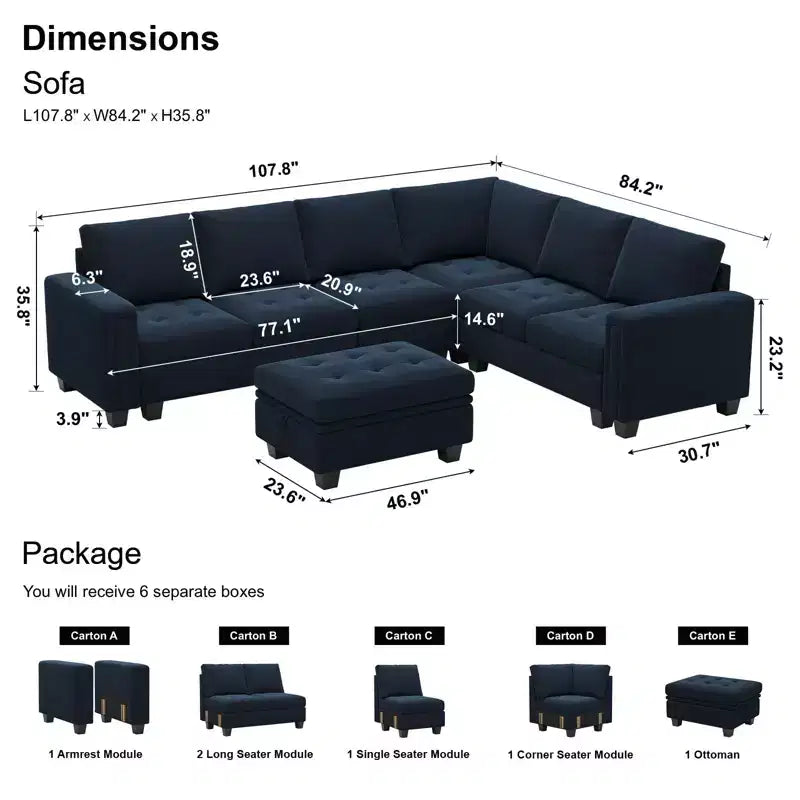 Canapé d'angle modulable en velours tufté Belffin avec méridienne réversible, ensemble de canapés modulables convertibles avec pouf de rangement