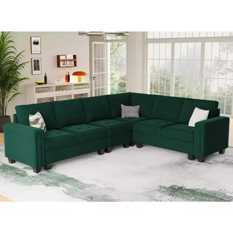 Canapé d'angle modulable en velours tufté Belffin avec méridienne réversible, ensemble de canapés modulables convertibles avec pouf de rangement