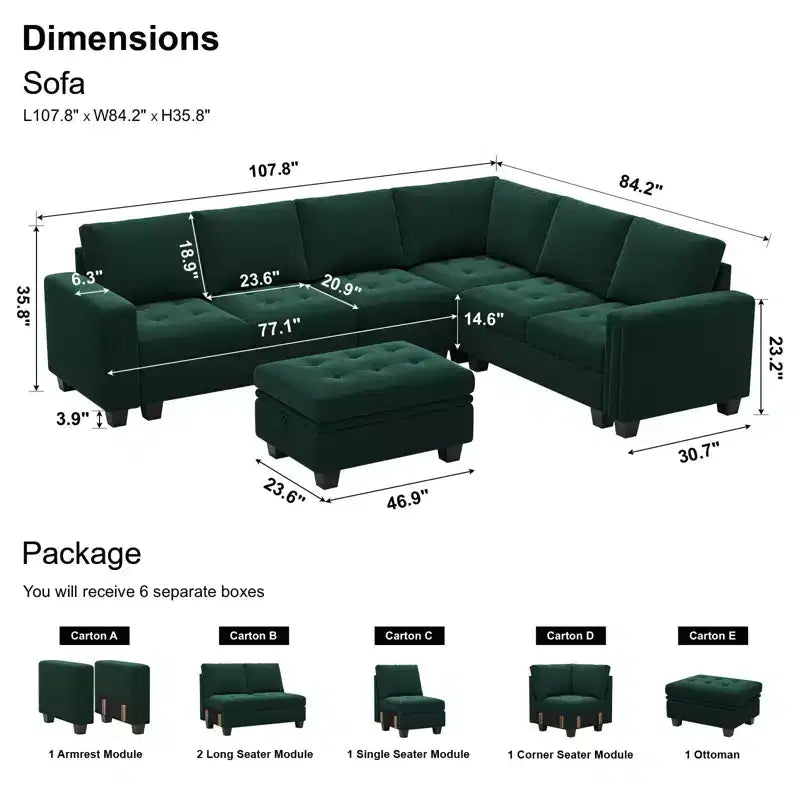 Canapé d'angle modulable en velours tufté Belffin avec méridienne réversible, ensemble de canapés modulables convertibles avec pouf de rangement
