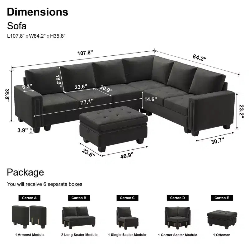Canapé d'angle modulable en velours tufté Belffin avec méridienne réversible, ensemble de canapés modulables convertibles avec pouf de rangement