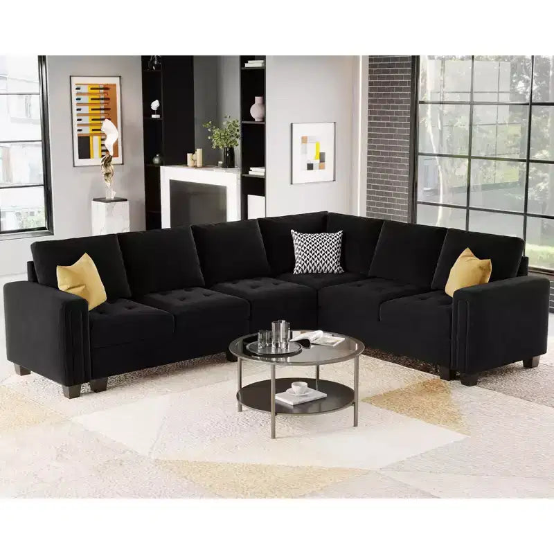 Canapé d'angle modulable en velours tufté Belffin avec méridienne réversible, ensemble de canapés modulables convertibles avec pouf de rangement