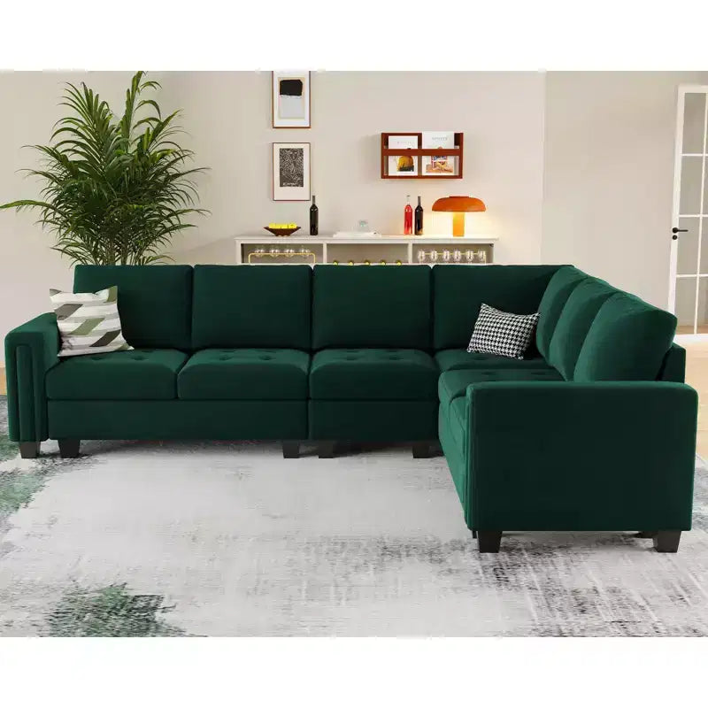Canapé d'angle modulable en velours tufté Belffin avec méridienne réversible, ensemble de canapés modulables convertibles avec pouf de rangement