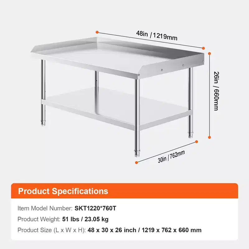 Table de travail en acier inoxydable VEVOR, table de préparation de cuisine commerciale 30 x 48 x 26 pouces, table de préparation robuste avec dosseret 3 côtés, table de travail en métal