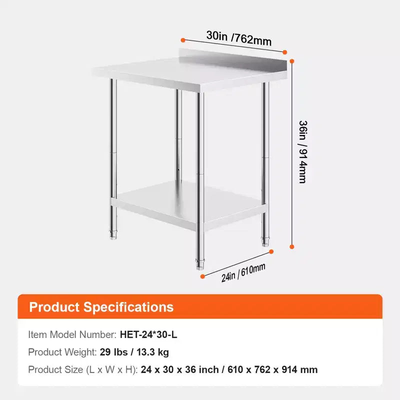 Table de travail en acier inoxydable VEVOR 24 x 30 x 36 pouces, table de préparation alimentaire commerciale robuste, table de travail en métal avec hauteur réglable