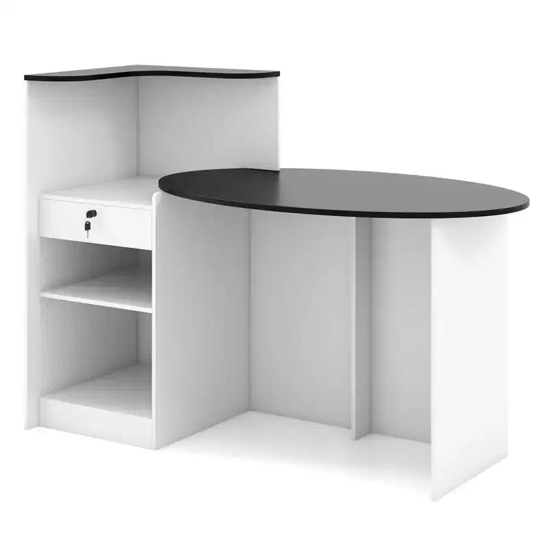 Comptoir de Réception Costway avec Tiroir Verrouillable et Étagère Réglable, Plateau Ovale, pour Magasin, Blanc/Noir