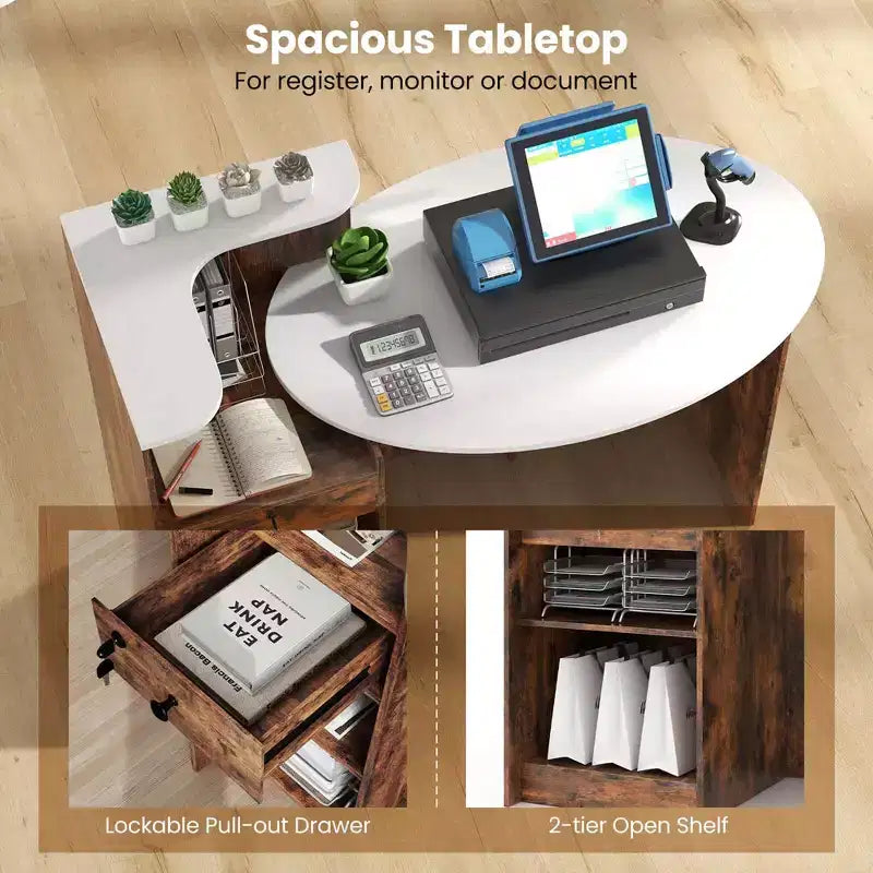 Comptoir de Réception Costway avec Tiroir Verrouillable et Étagère Réglable, Plateau Ovale, pour Magasin, Blanc/Noir