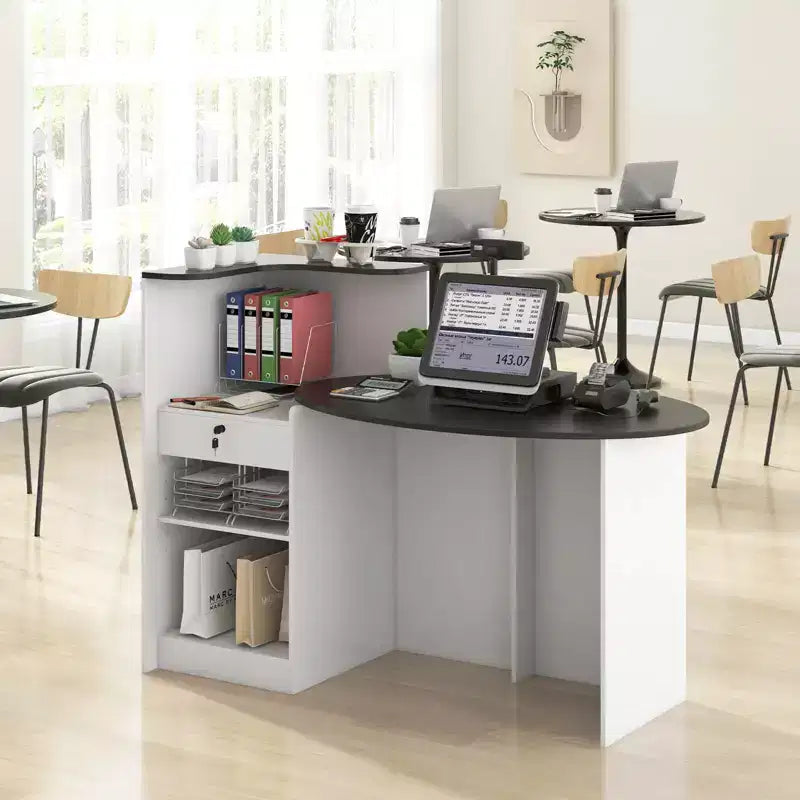 Comptoir de Réception Costway avec Tiroir Verrouillable et Étagère Réglable, Plateau Ovale, pour Magasin, Blanc/Noir