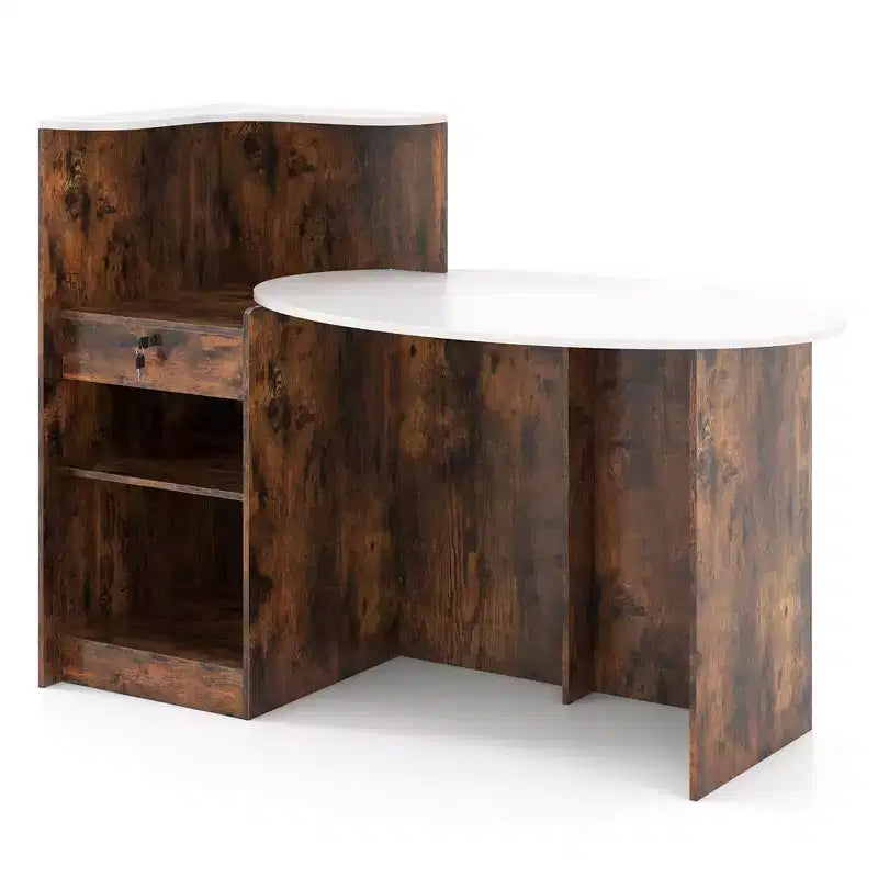 Comptoir de Réception Costway avec Tiroir Verrouillable et Étagère Réglable, Plateau Ovale, pour Magasin, Blanc/Noir