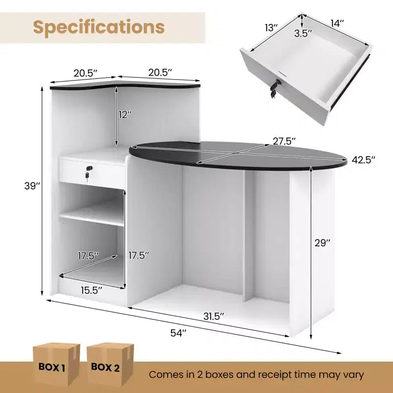 Comptoir de Réception Costway avec Tiroir Verrouillable et Étagère Réglable, Plateau Ovale, pour Magasin, Blanc/Noir