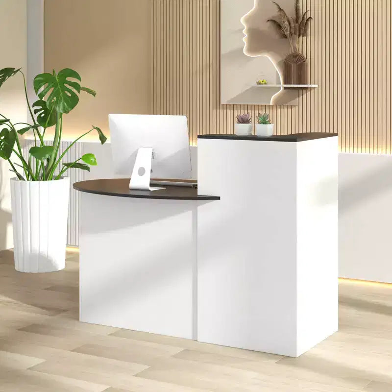 Comptoir de Réception Costway avec Tiroir Verrouillable et Étagère Réglable, Plateau Ovale, pour Magasin, Blanc/Noir