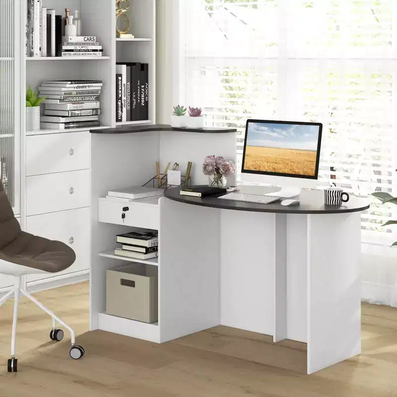 Comptoir de Réception Costway avec Tiroir Verrouillable et Étagère Réglable, Plateau Ovale, pour Magasin, Blanc/Noir