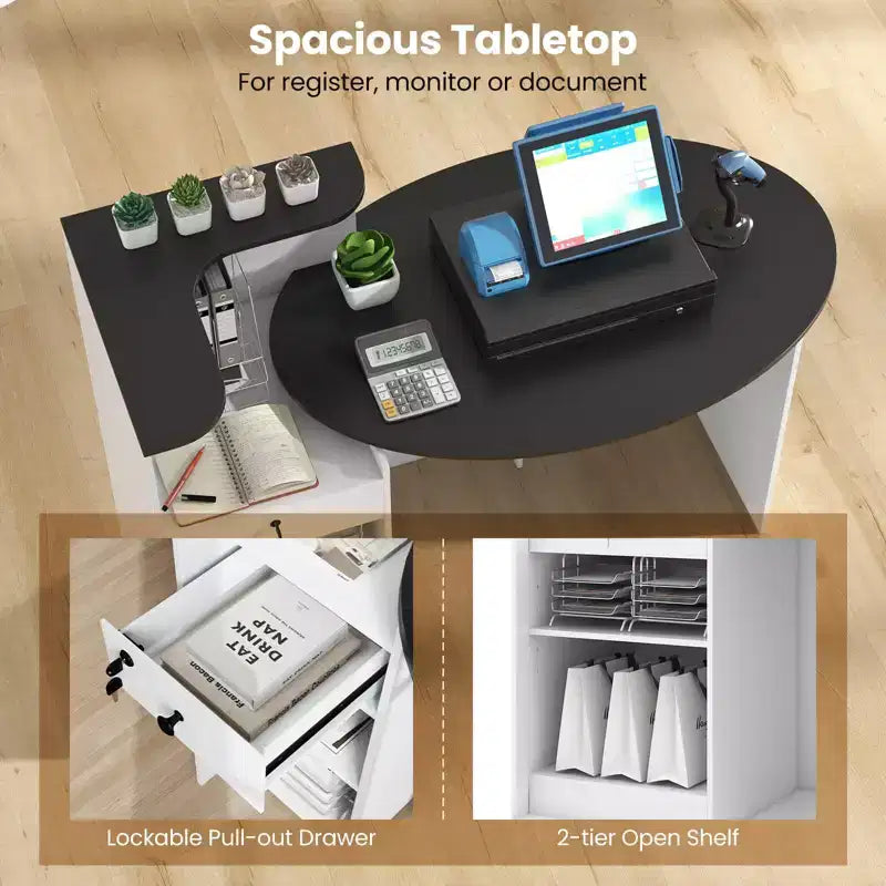 Comptoir de Réception Costway avec Tiroir Verrouillable et Étagère Réglable, Plateau Ovale, pour Magasin, Blanc/Noir