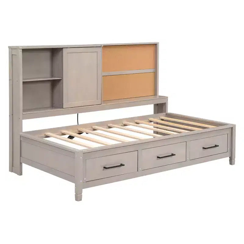 Lit de repos double Whisen avec étagères de rangement, panneau en liège, ports USB et 3 tiroirs