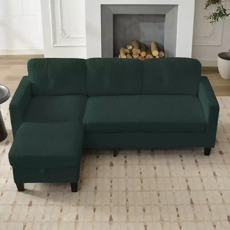 Canapé sectionnel d'angle convertible 3 places Mjkone 76 avec pouf de rangement, en velours côtelé