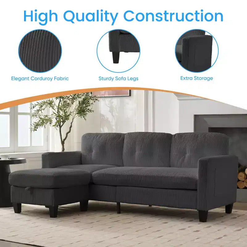 Canapé sectionnel d'angle convertible 3 places Mjkone 76 avec pouf de rangement, en velours côtelé