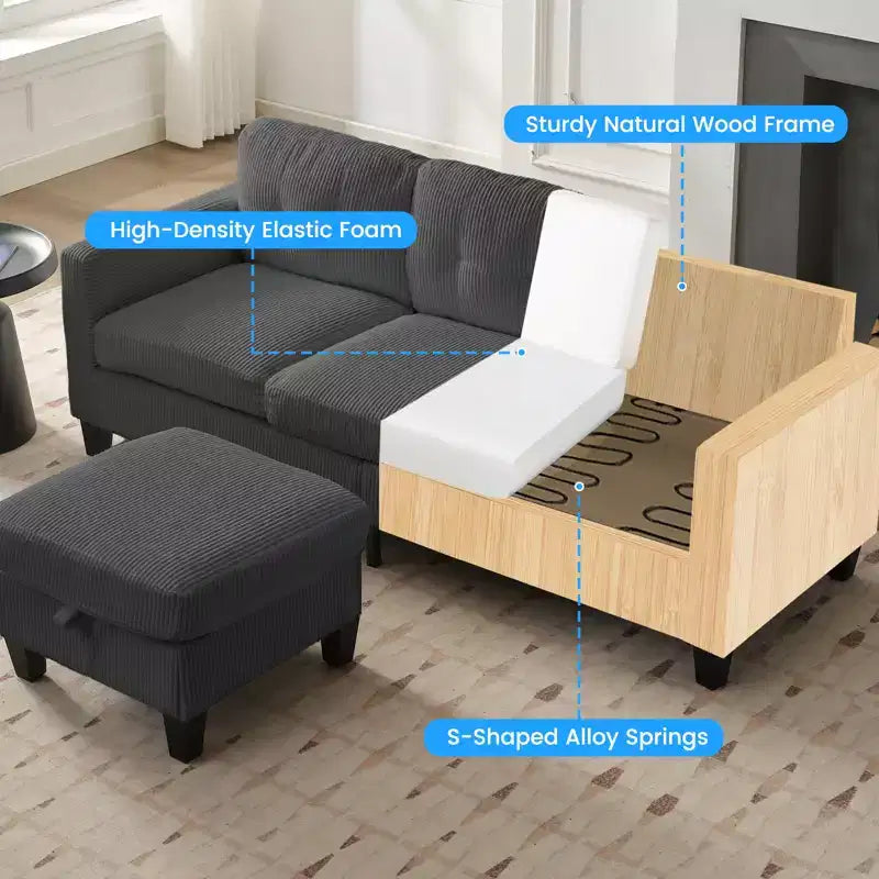 Canapé sectionnel d'angle convertible 3 places Mjkone 76 avec pouf de rangement, en velours côtelé