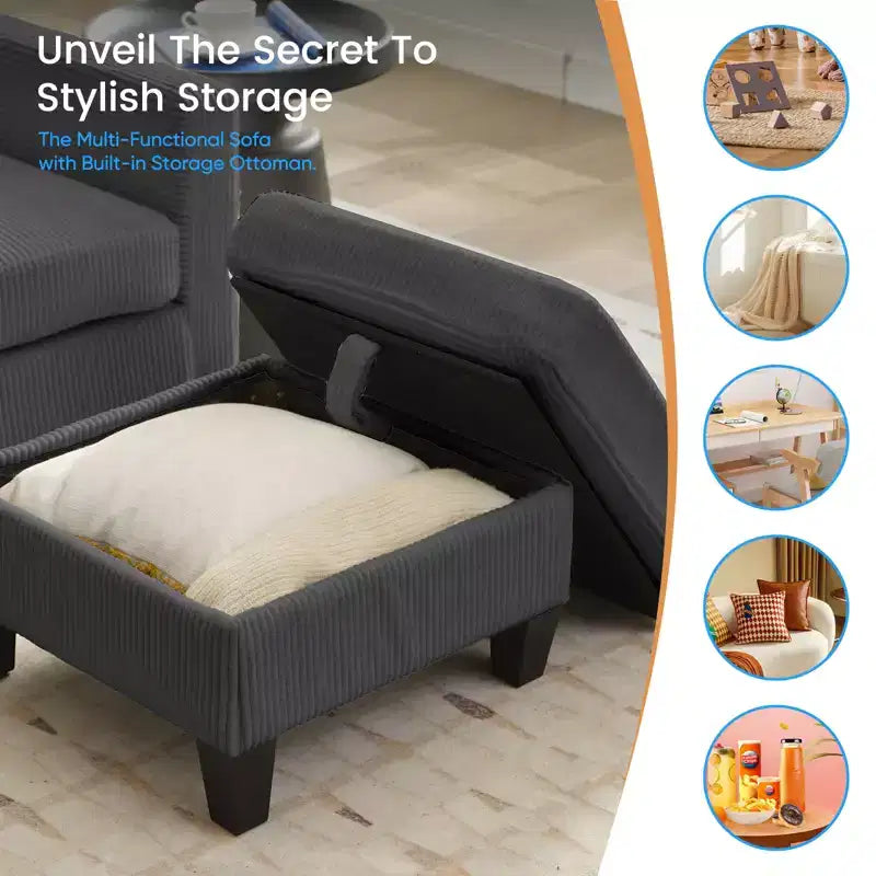 Canapé sectionnel d'angle convertible 3 places Mjkone 76 avec pouf de rangement, en velours côtelé