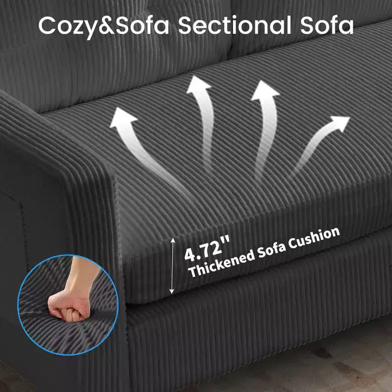 Canapé sectionnel d'angle convertible 3 places Mjkone 76 avec pouf de rangement, en velours côtelé