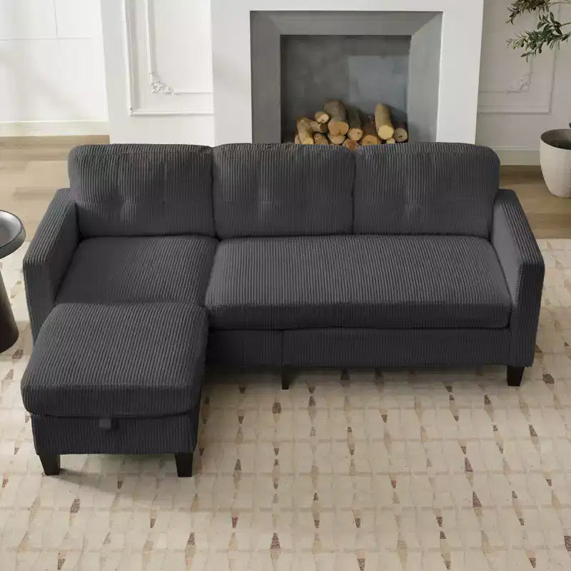 Canapé sectionnel d'angle convertible 3 places Mjkone 76 avec pouf de rangement, en velours côtelé