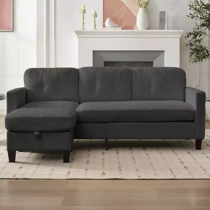 Canapé sectionnel d'angle convertible 3 places Mjkone 76 avec pouf de rangement, en velours côtelé