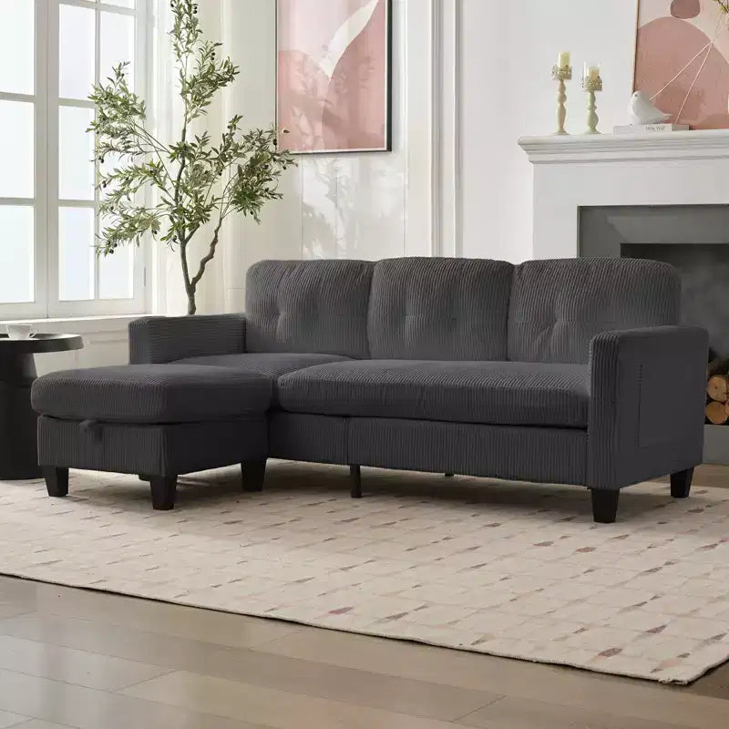 Canapé sectionnel d'angle convertible 3 places Mjkone 76 avec pouf de rangement, en velours côtelé