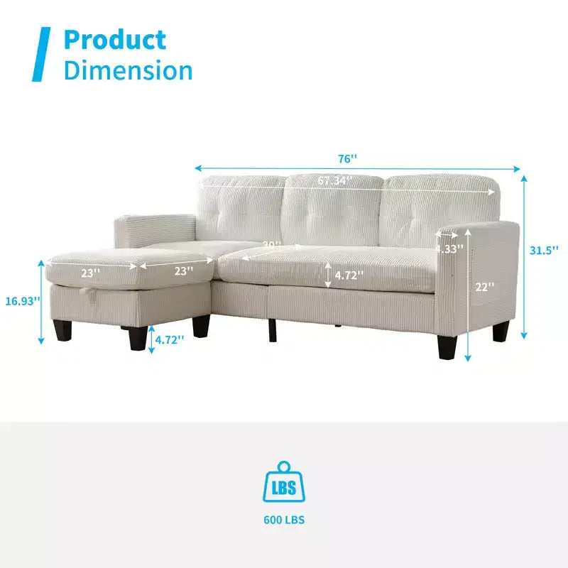Canapé sectionnel d'angle convertible 3 places Mjkone 76 avec pouf de rangement, en velours côtelé