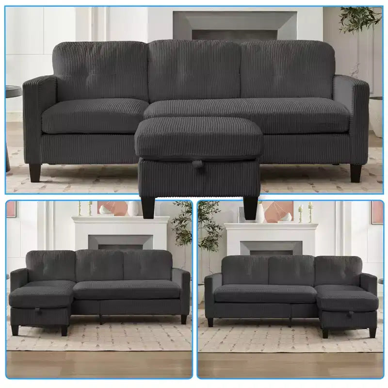 Canapé sectionnel d'angle convertible 3 places Mjkone 76 avec pouf de rangement, en velours côtelé