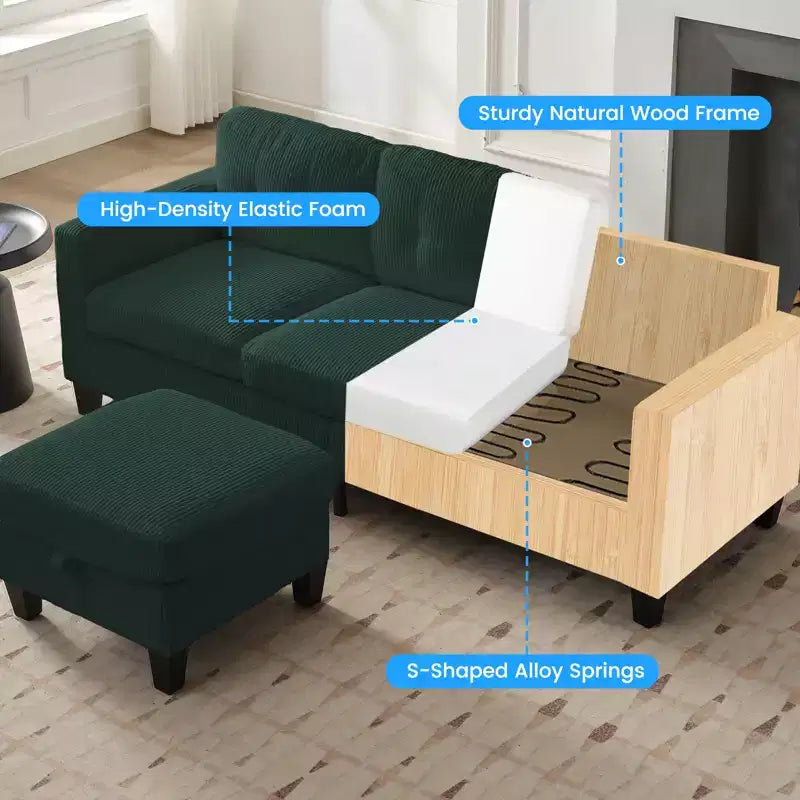 Canapé sectionnel d'angle convertible 3 places Mjkone 76 avec pouf de rangement, en velours côtelé