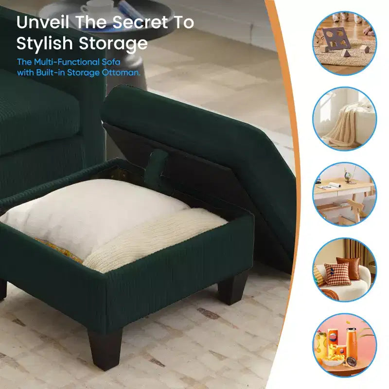 Canapé sectionnel d'angle convertible 3 places Mjkone 76 avec pouf de rangement, en velours côtelé