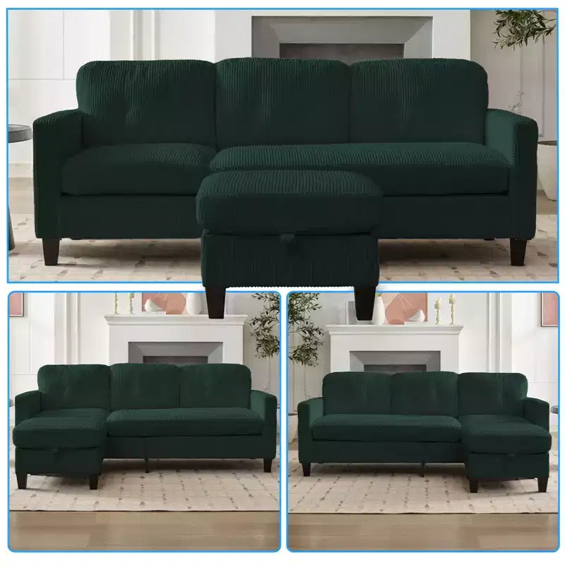 Canapé sectionnel d'angle convertible 3 places Mjkone 76 avec pouf de rangement, en velours côtelé