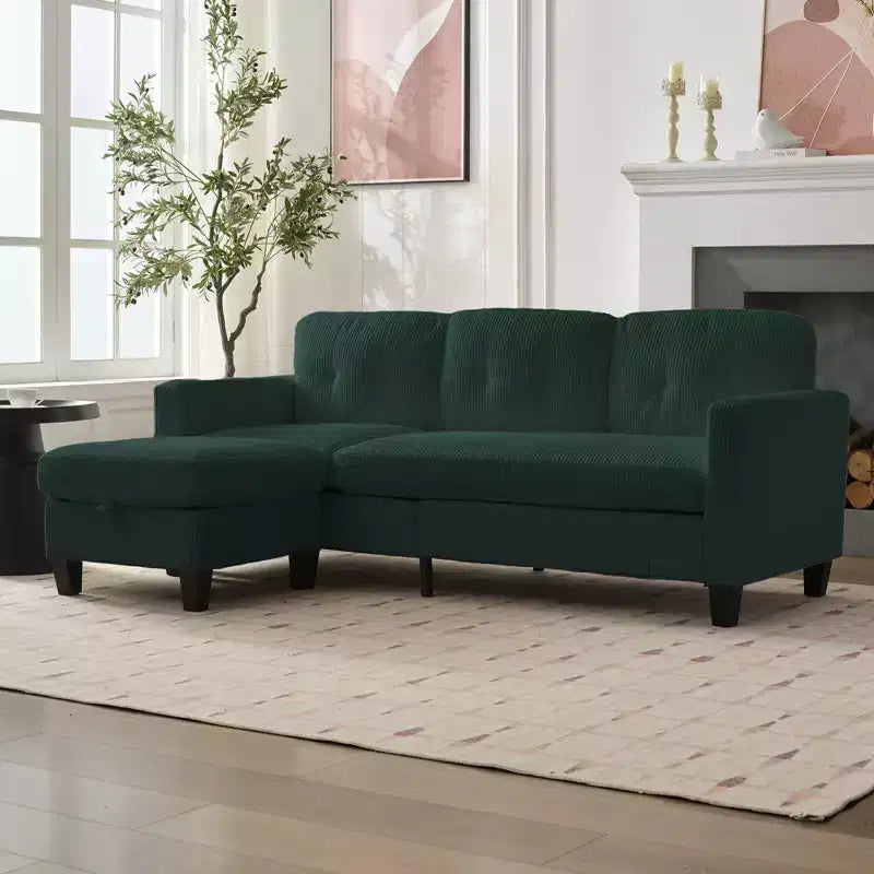 Canapé sectionnel d'angle convertible 3 places Mjkone 76 avec pouf de rangement, en velours côtelé