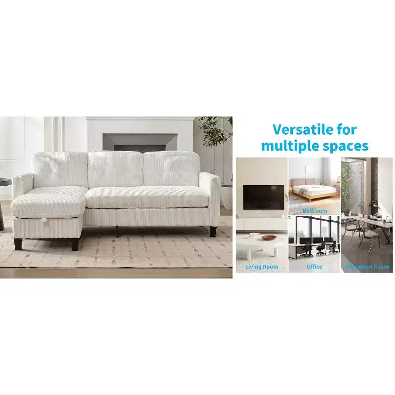 Canapé sectionnel d'angle convertible 3 places Mjkone 76 avec pouf de rangement, en velours côtelé