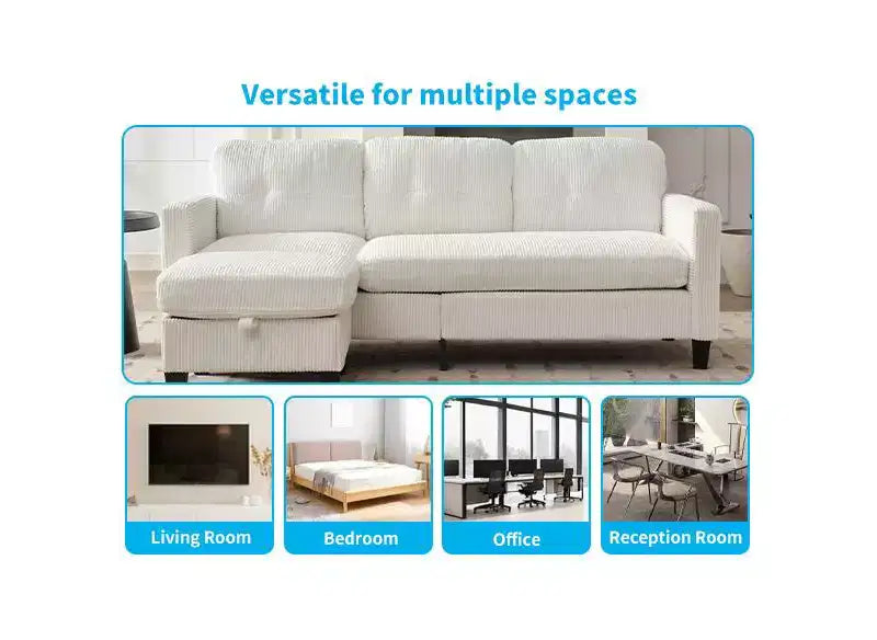 Canapé sectionnel d'angle convertible 3 places Mjkone 76 avec pouf de rangement, en velours côtelé