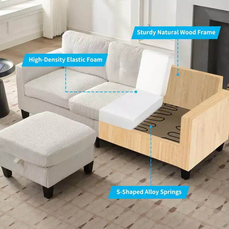 Canapé sectionnel d'angle convertible 3 places Mjkone 76 avec pouf de rangement, en velours côtelé
