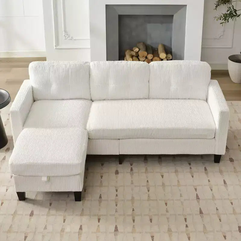 Canapé sectionnel d'angle convertible 3 places Mjkone 76 avec pouf de rangement, en velours côtelé