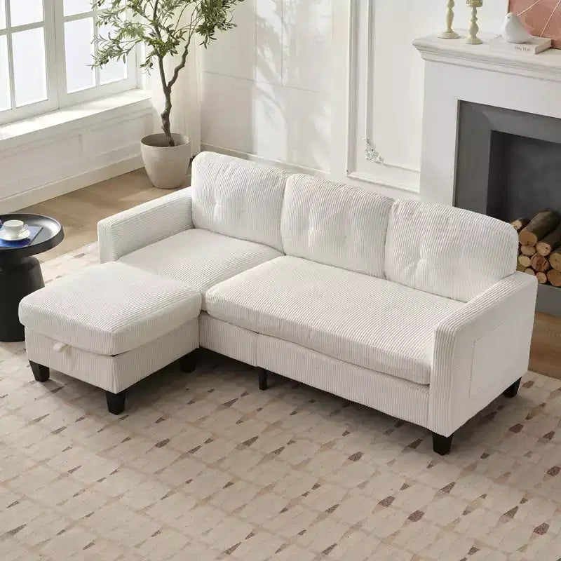 Mjkone 76 Convertible L-Shaped Sectional Sofa with Storage Ottoman,Corduroy 3-Seater Couch