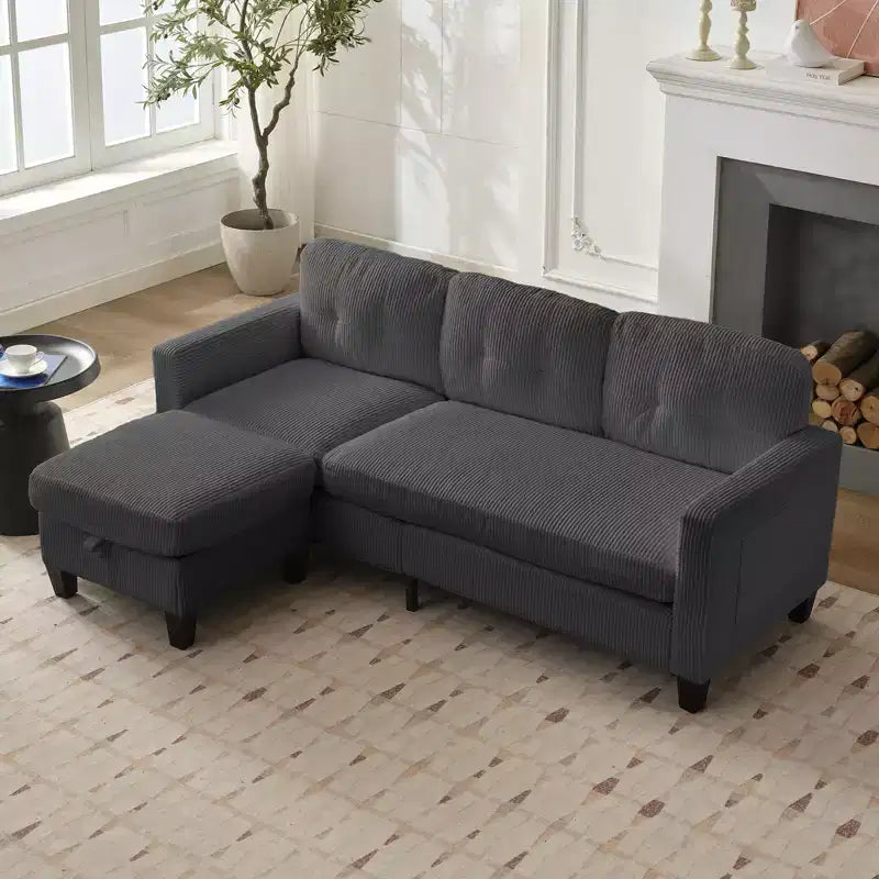 Canapé sectionnel d'angle convertible 3 places Mjkone 76 avec pouf de rangement, en velours côtelé