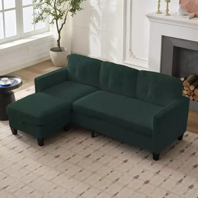 Canapé sectionnel d'angle convertible 3 places Mjkone 76 avec pouf de rangement, en velours côtelé