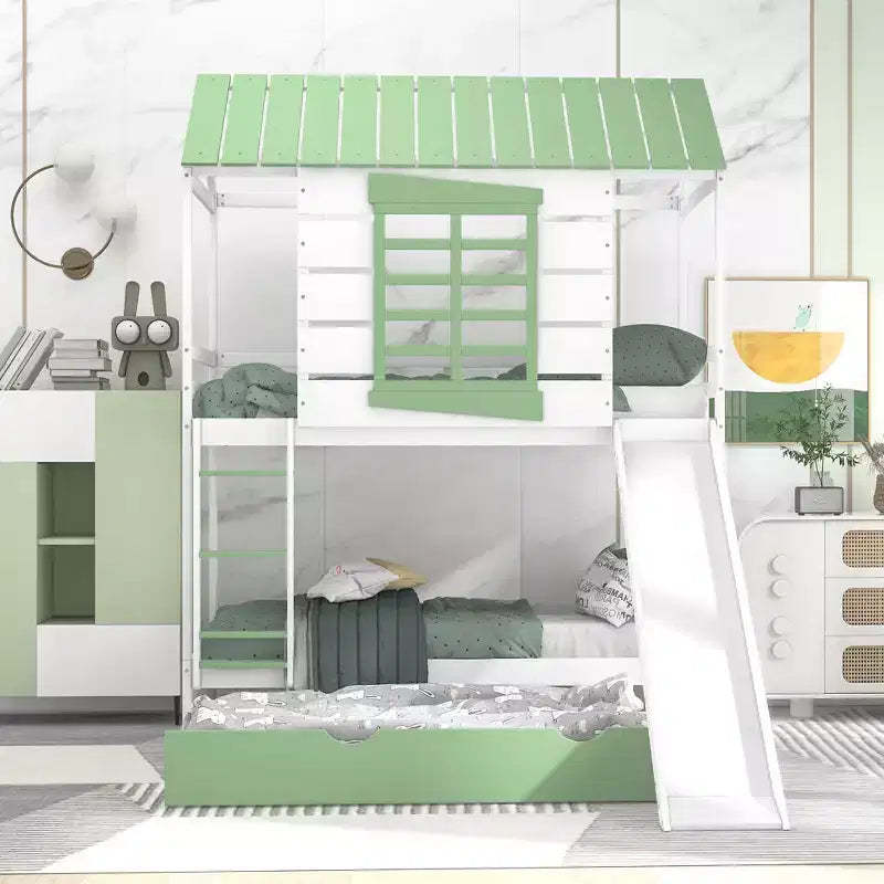 Lit superposé cabane Whisen double sur double avec toboggan convertible et lit gigogne - Blanc et vert