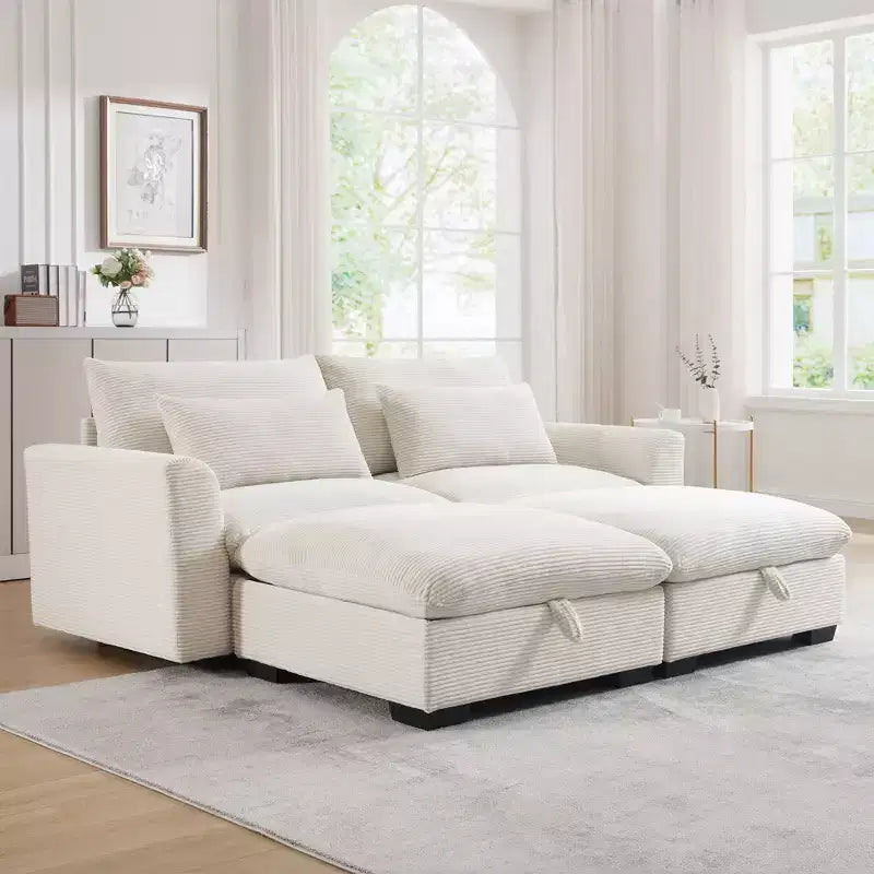 Cozy Two-Seater: Corduroy Sofa with Built-In Footrest Storage