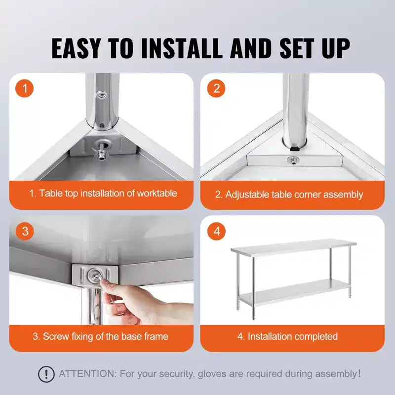 Table de préparation VEVOR en acier inoxydable, 24 x 72 x 34 pouces, capacité de charge de 400 kg, plan de travail métallique robuste avec 3 niveaux de hauteur réglables