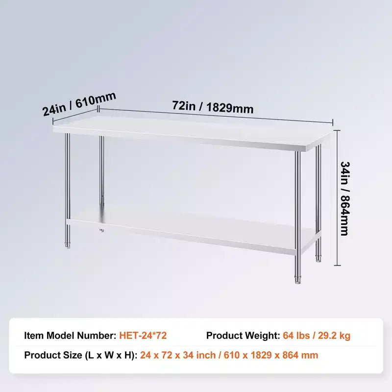 Table de préparation VEVOR en acier inoxydable, 24 x 72 x 34 pouces, capacité de charge de 400 kg, plan de travail métallique robuste avec 3 niveaux de hauteur réglables