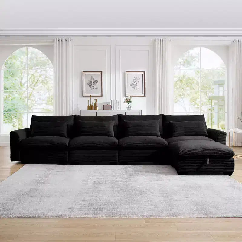 Christopher Knight Home Nelly Grand Canapé Sectionnel en Corduroy en Forme de L de 157,5, avec Ottoman de Rangement et 4 Coussins Lombaires