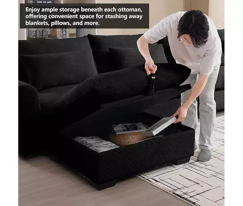 Christopher Knight Home Nelly Grand Canapé Sectionnel en Corduroy en Forme de L de 157,5, avec Ottoman de Rangement et 4 Coussins Lombaires
