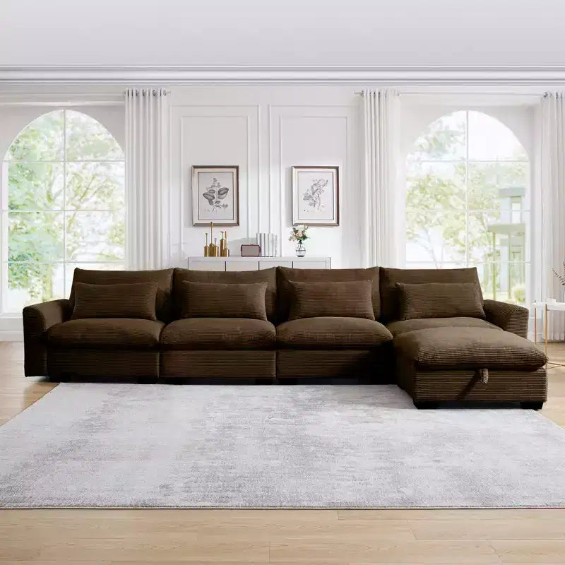 Christopher Knight Home Nelly Grand Canapé Sectionnel en Corduroy en Forme de L de 157,5, avec Ottoman de Rangement et 4 Coussins Lombaires