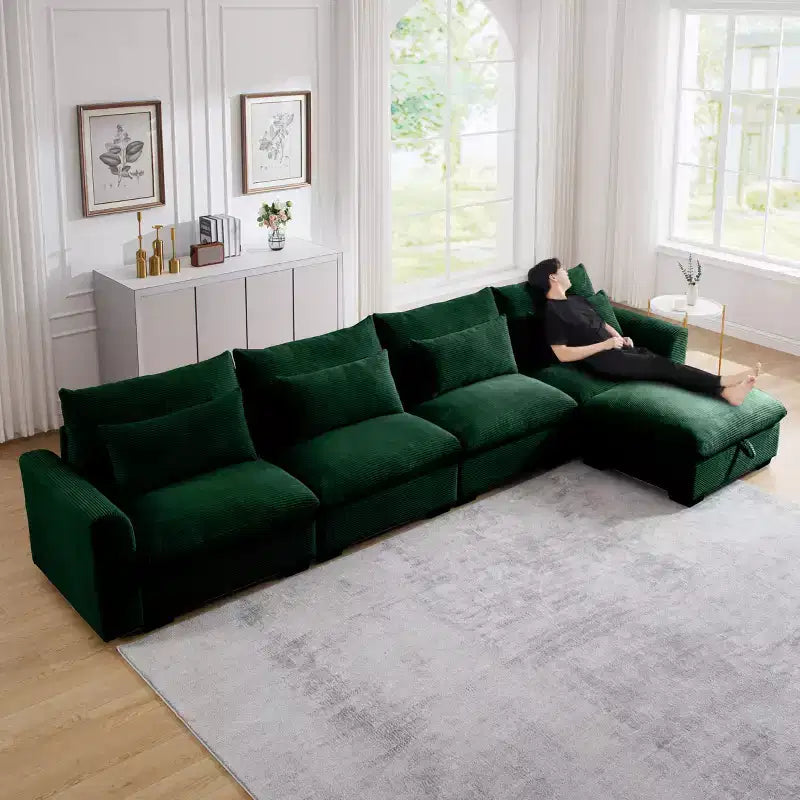 Christopher Knight Home Nelly Grand Canapé Sectionnel en Corduroy en Forme de L de 157,5, avec Ottoman de Rangement et 4 Coussins Lombaires