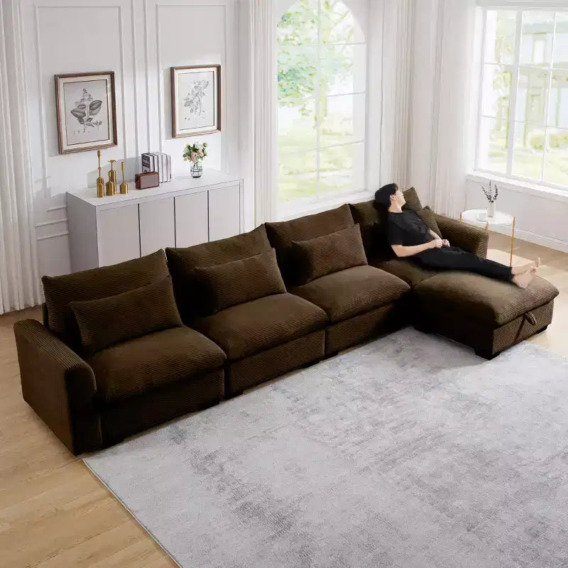 Christopher Knight Home Nelly Grand Canapé Sectionnel en Corduroy en Forme de L de 157,5, avec Ottoman de Rangement et 4 Coussins Lombaires