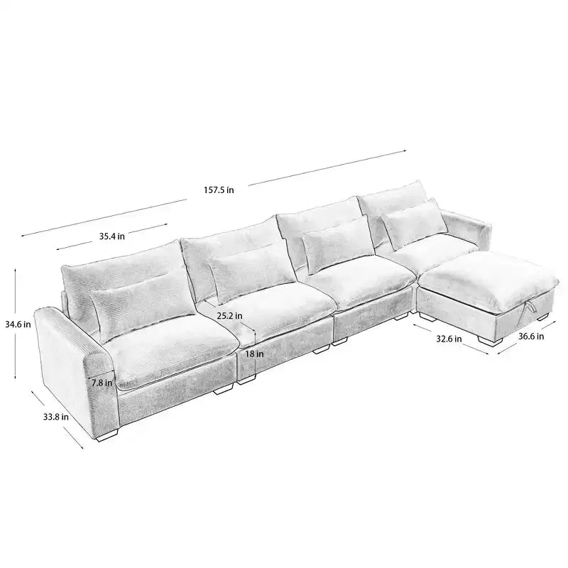Christopher Knight Home Nelly Grand Canapé Sectionnel en Corduroy en Forme de L de 157,5, avec Ottoman de Rangement et 4 Coussins Lombaires