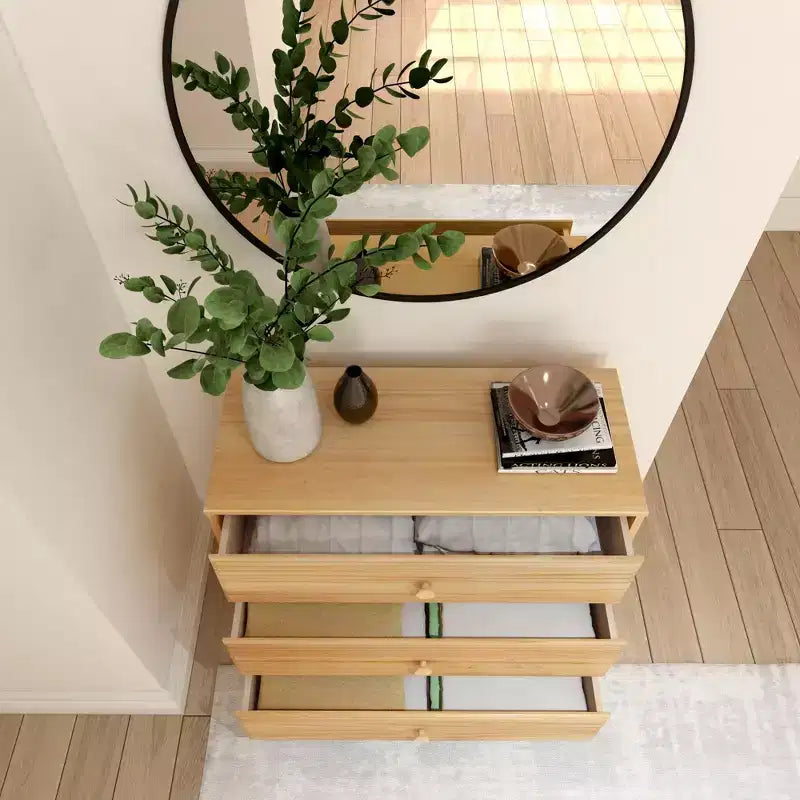 Plank+Beam Commode classique à 3 tiroirs en bois massif, petite commode de chambre, commode à tiroirs