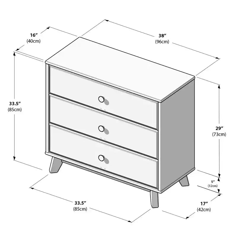 Plank+Beam Commode classique à 3 tiroirs en bois massif, petite commode de chambre, commode à tiroirs